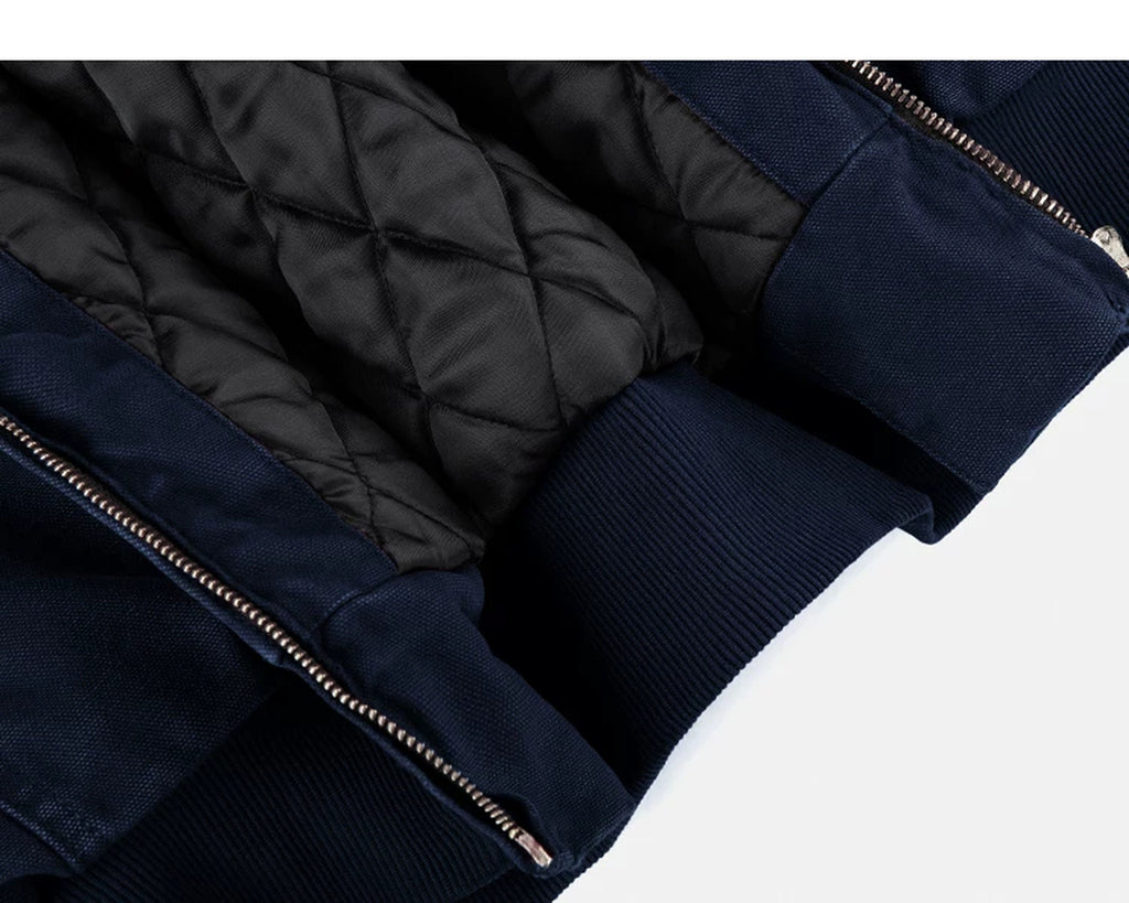 IDLT lined zip hoodie, navy quilted lining and ribbed hem.