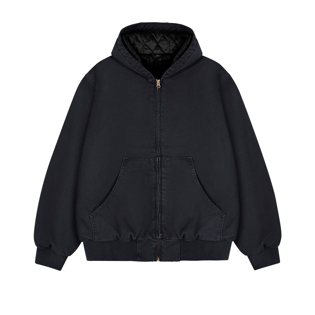 Garment-Dyed Hooded Work Jacket, black gray front view.