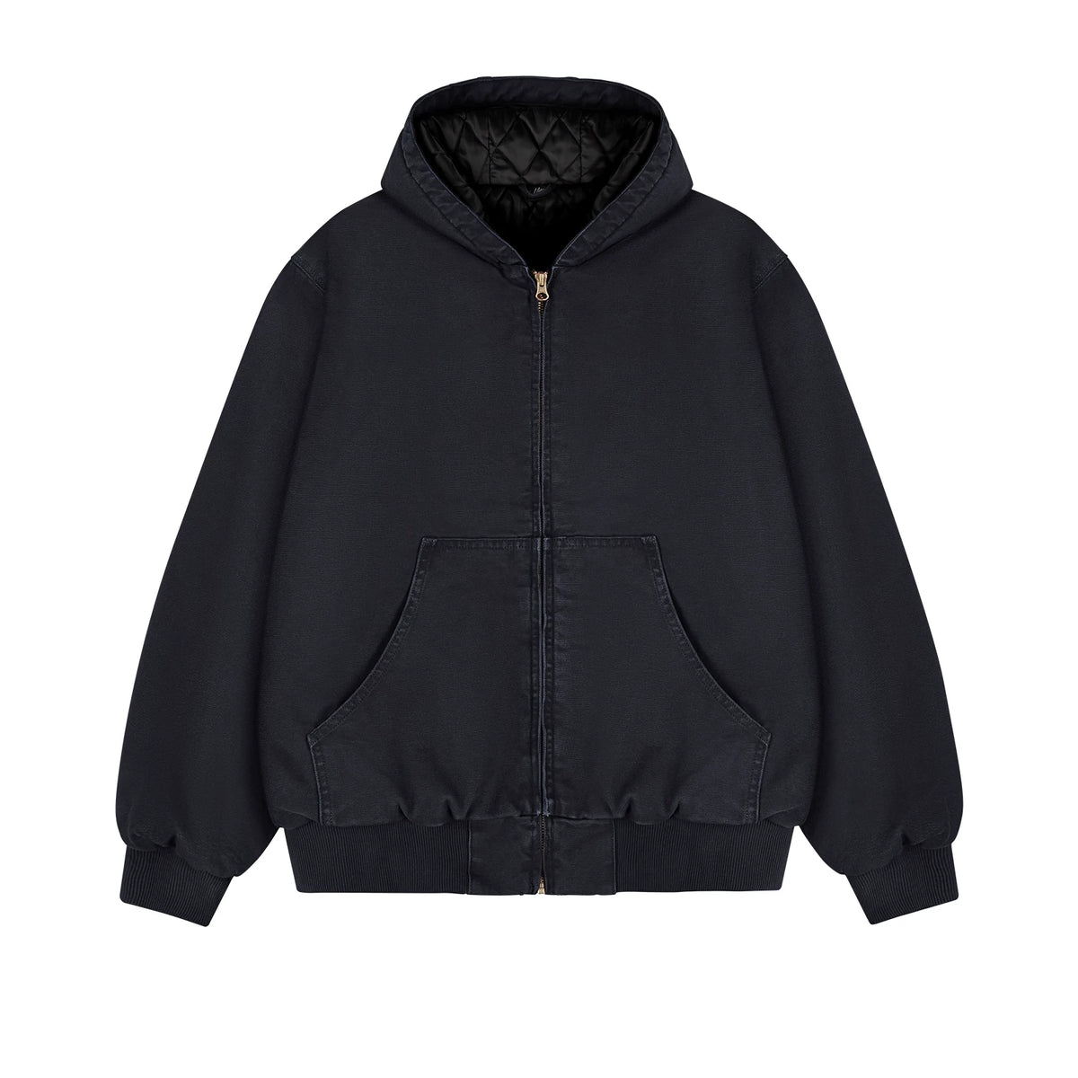 Garment-Dyed Hooded Work Jacket, black gray front view.