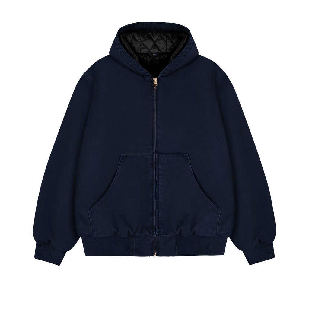 Garment-Dyed Hooded Work Jacket, dark blue front view.