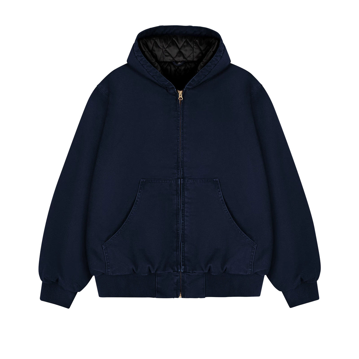 Garment-Dyed Hooded Work Jacket, dark blue front view.