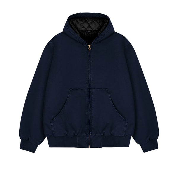 Garment-Dyed Hooded Work Jacket, dark blue front view.