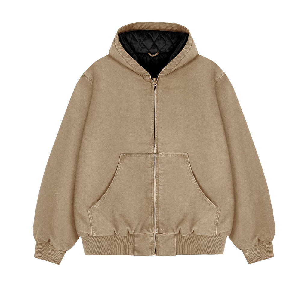 Garment-Dyed Hooded Work Jacket, khaki front view.