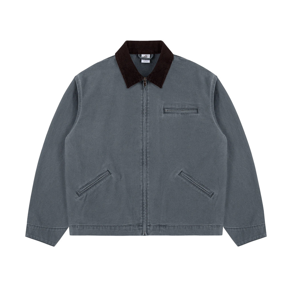 IDLT work jacket, blue gray front.