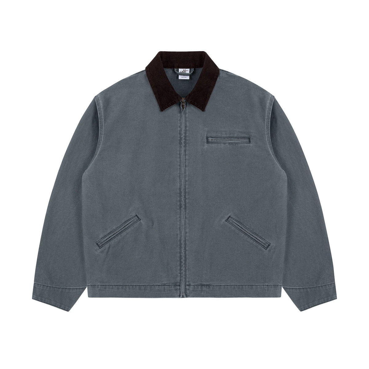 IDLT work jacket, blue gray front.