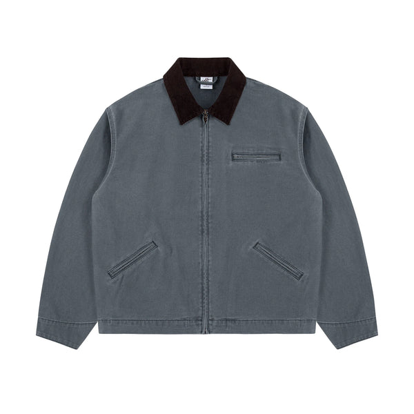 IDLT work jacket, blue gray front.
