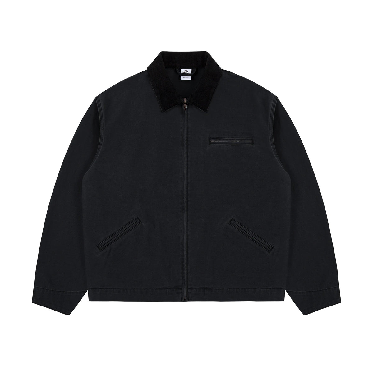 IDLT work jacket, black front.