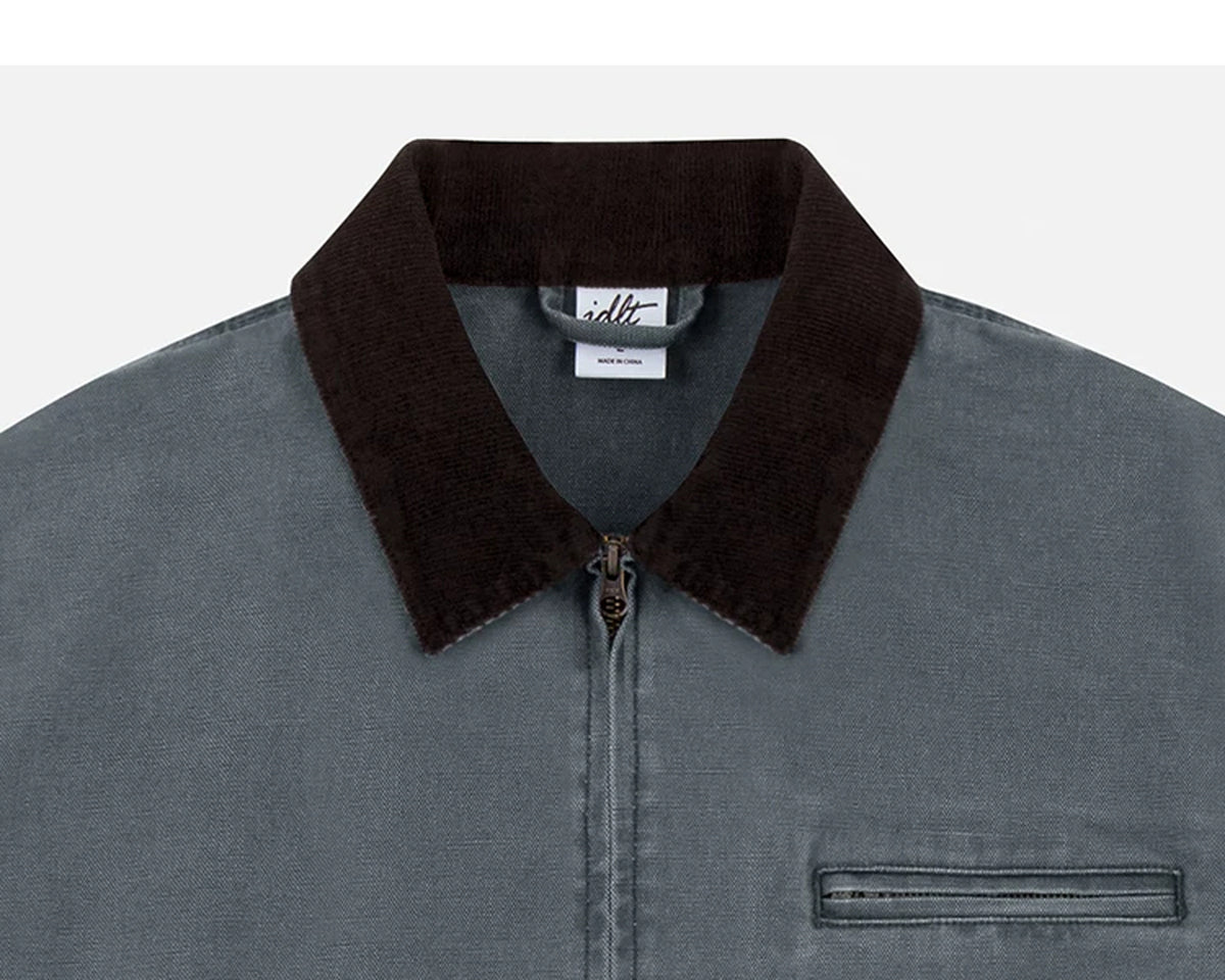 IDLT work jacket, blue gray collar and chest pocket.