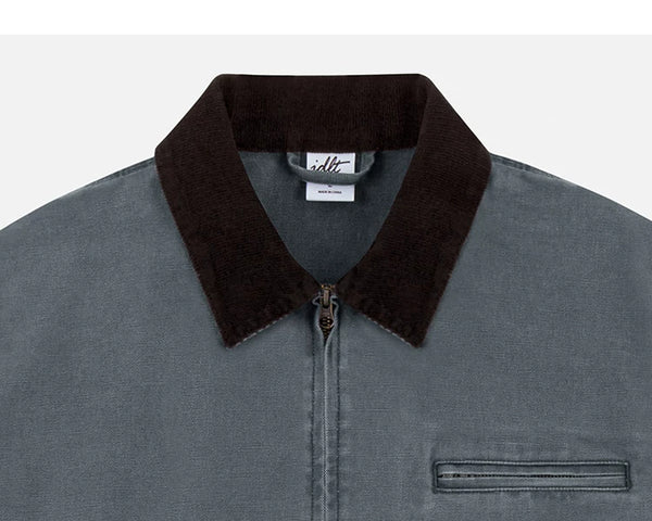 IDLT work jacket, blue gray collar and chest pocket.