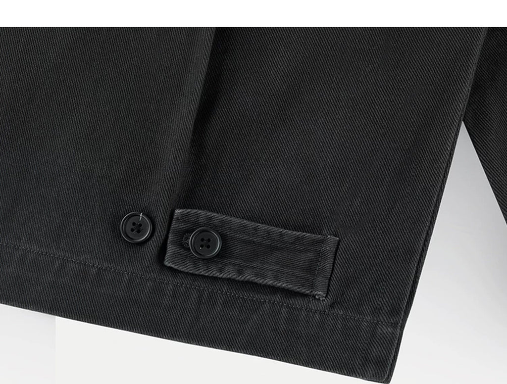 IDLT zip jacket, washed black hem adjustment tab.