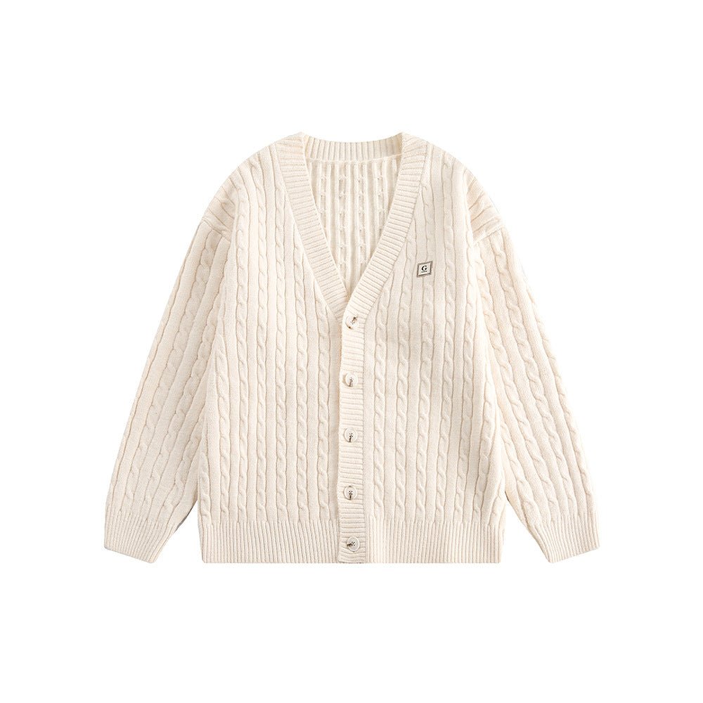 V - Neck Cable Knit Button - Up Cardigan - COPPING THREADS - CATTEE
