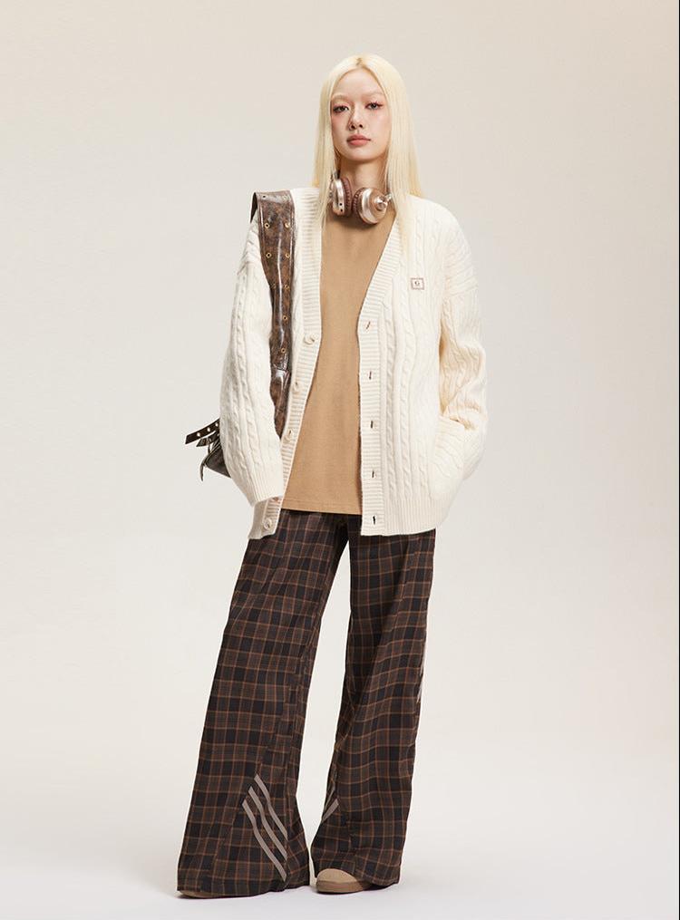 V - Neck Cable Knit Button - Up Cardigan - COPPING THREADS - CATTEE