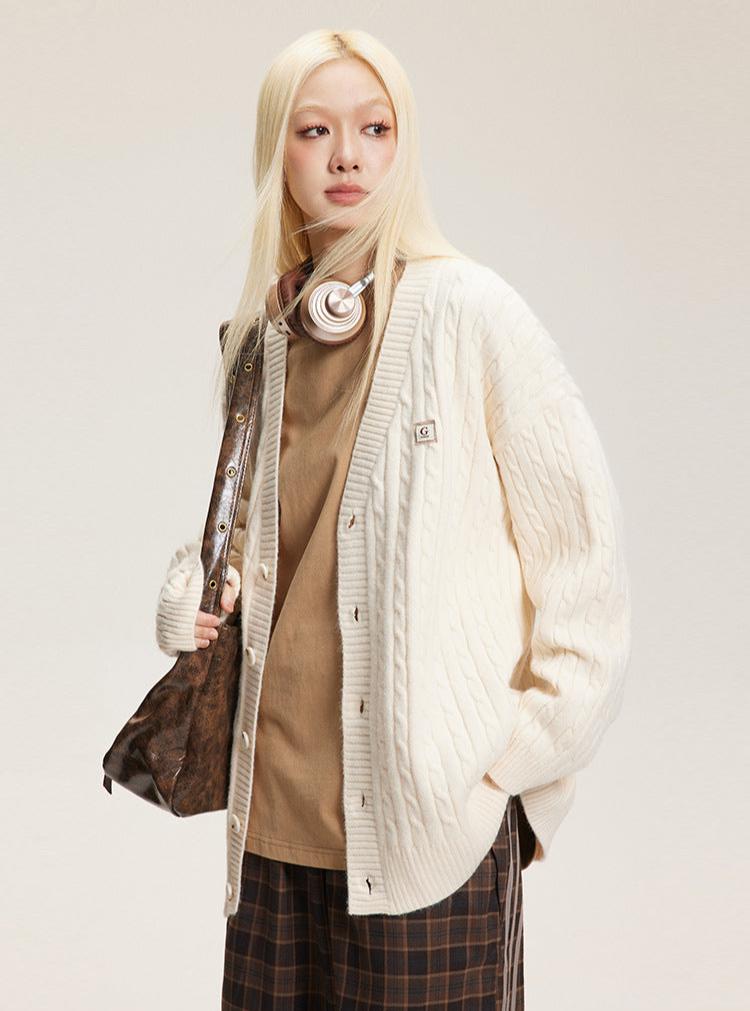 V - Neck Cable Knit Button - Up Cardigan - COPPING THREADS - CATTEE