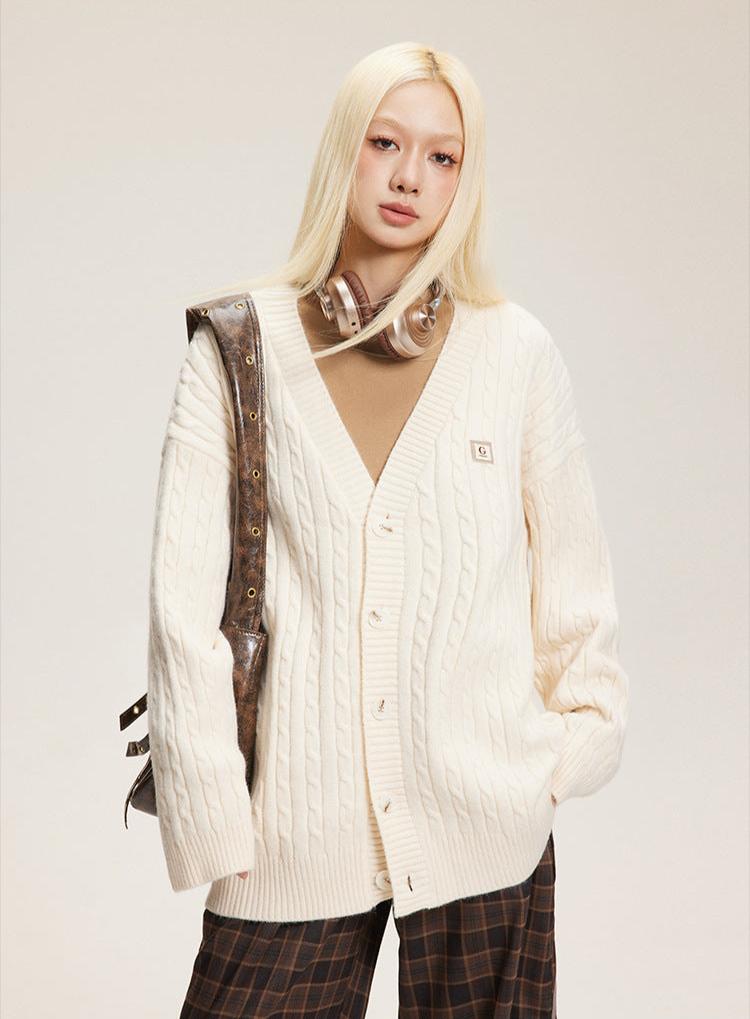 V - Neck Cable Knit Button - Up Cardigan - COPPING THREADS - CATTEE