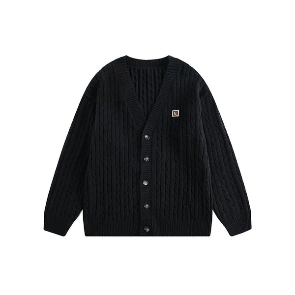 V - Neck Cable Knit Button - Up Cardigan - COPPING THREADS - CATTEE