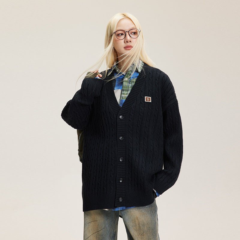 V - Neck Cable Knit Button - Up Cardigan - COPPING THREADS - CATTEE