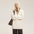 V - Neck Cable Knit Button - Up Cardigan - COPPING THREADS - CATTEE