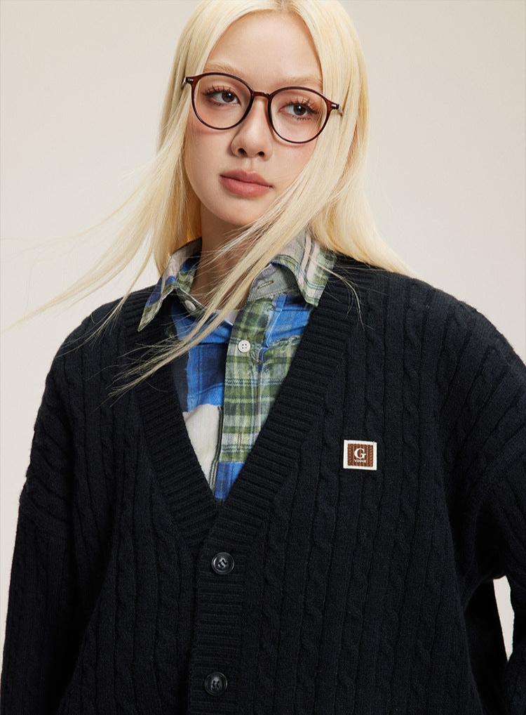 V - Neck Cable Knit Button - Up Cardigan - COPPING THREADS - CATTEE