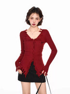 V - Neck Fringed Knit Cardigan Sweater - COPPING THREADS - CT Select