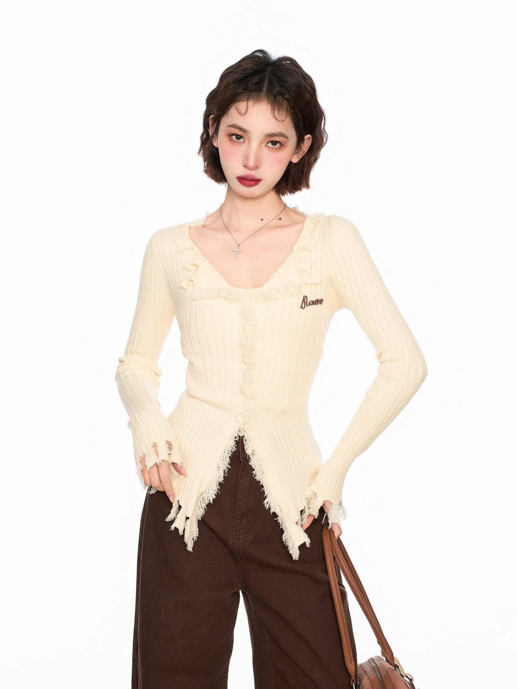 V - Neck Fringed Knit Cardigan Sweater - COPPING THREADS - CT Select