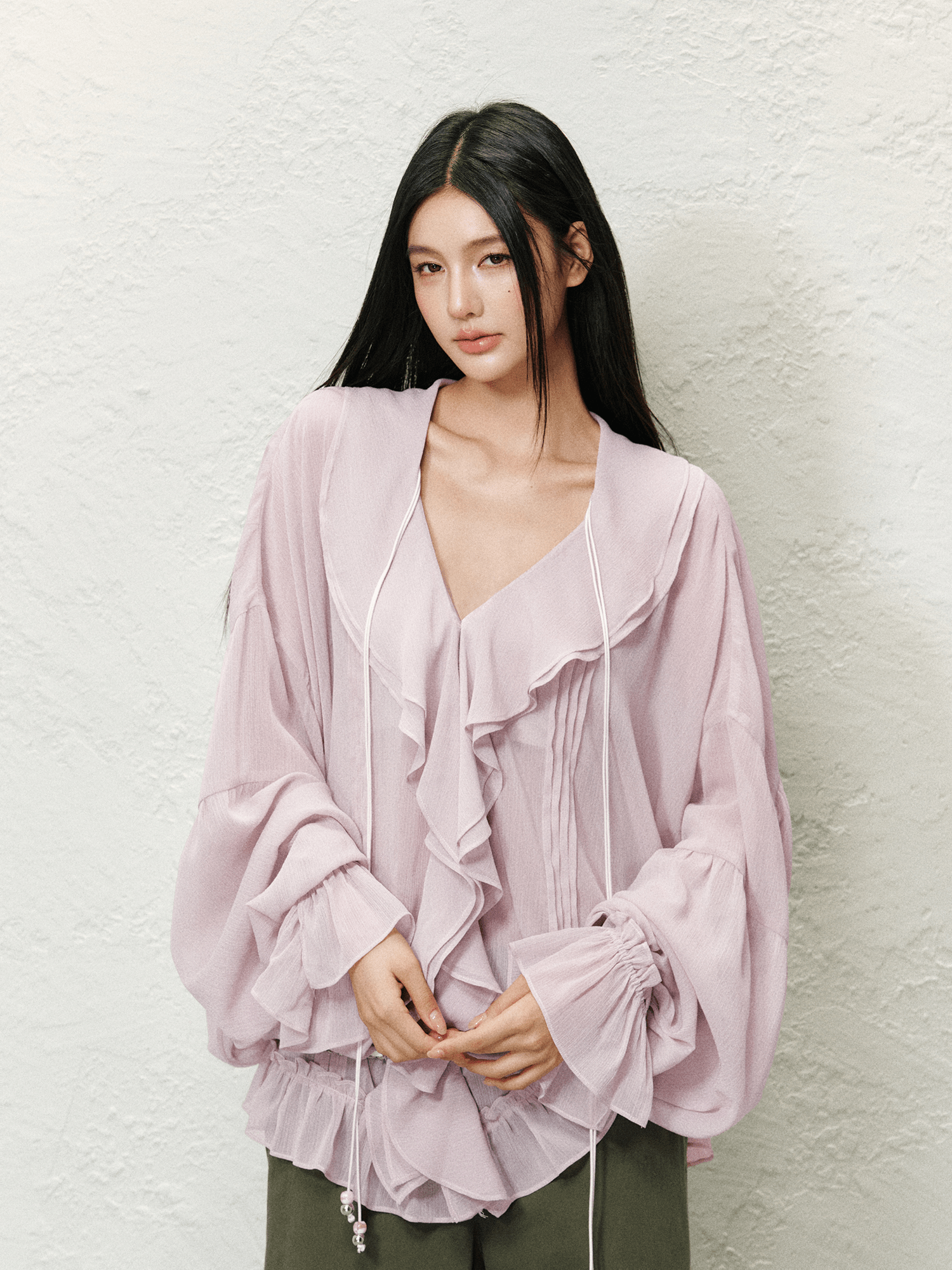 V - Neck Ruffle Chiffon Blouse - COPPING THREADS - AGAM Main image