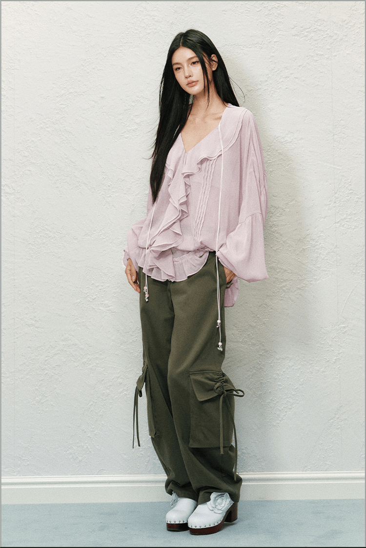 V - Neck Ruffle Chiffon Blouse - COPPING THREADS - AGAM