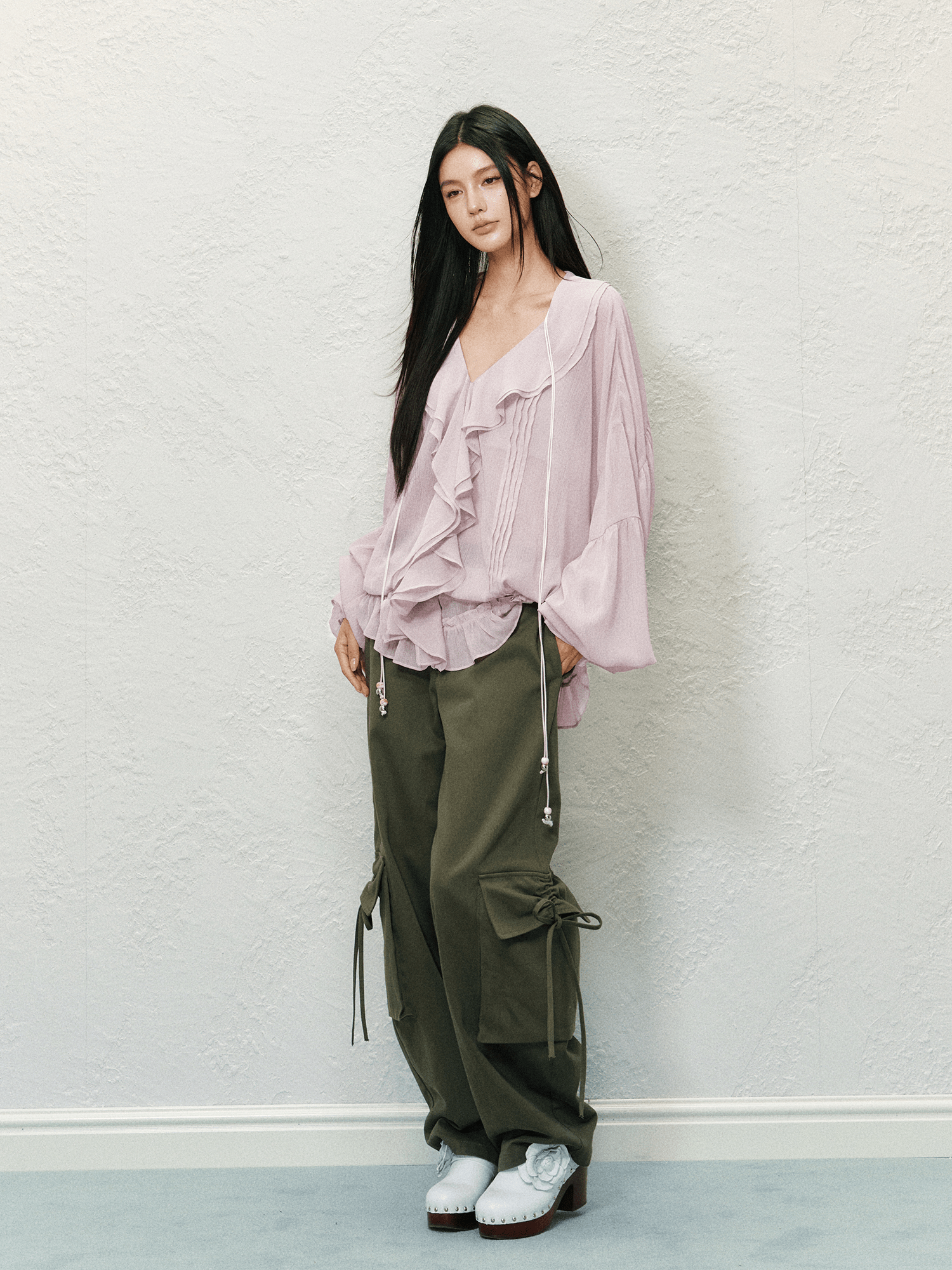 V - Neck Ruffle Chiffon Blouse - COPPING THREADS - AGAM