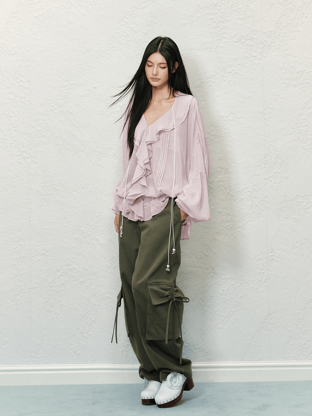 V - Neck Ruffle Chiffon Blouse - COPPING THREADS - AGAM