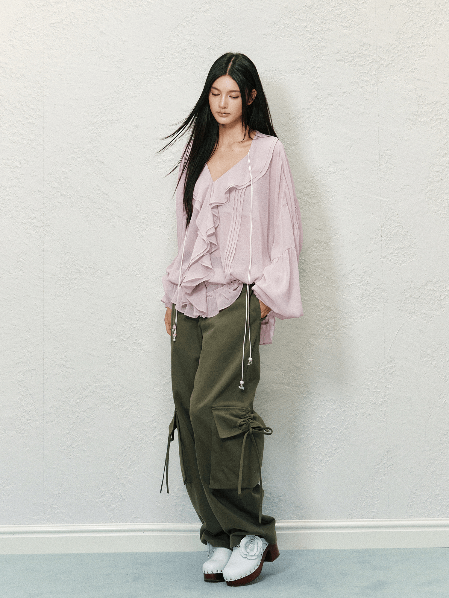 V - Neck Ruffle Chiffon Blouse - COPPING THREADS - AGAM