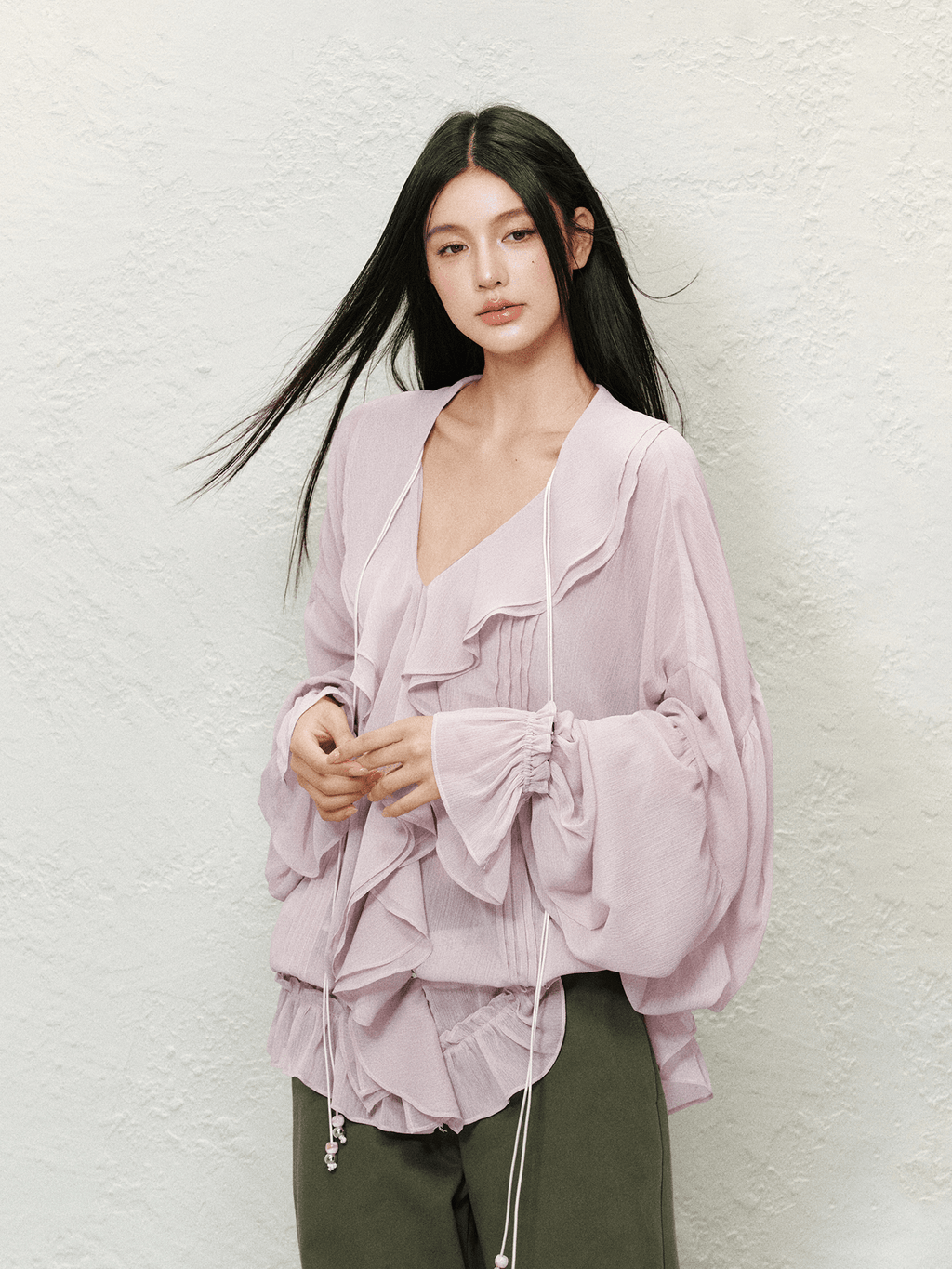 V - Neck Ruffle Chiffon Blouse - COPPING THREADS - AGAM