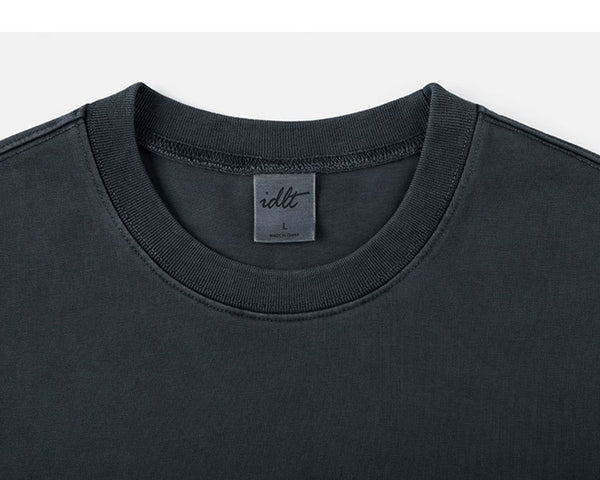 IDLT washed T-shirt, dark gray crewneck.