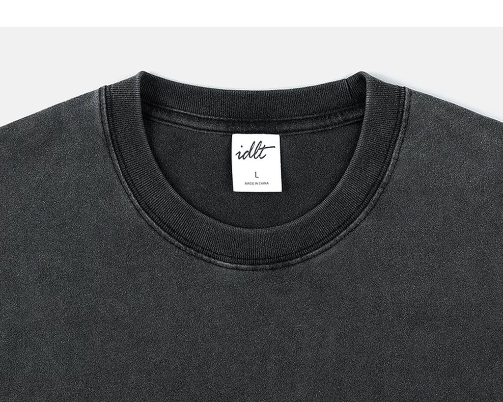 IDLT washed T-shirt, black crewneck.