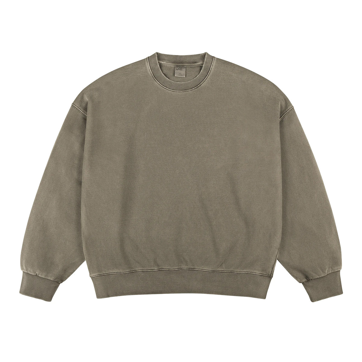 IDLT washed sweatshirt, olive front.