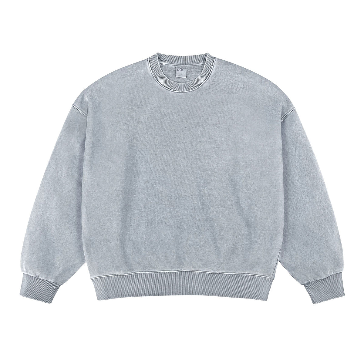 IDLT washed sweatshirt, light gray front.