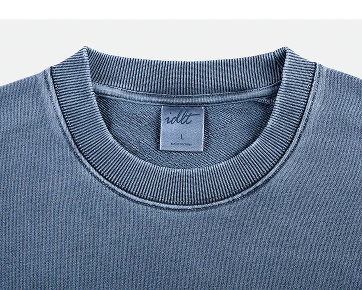 IDLT washed sweatshirt, blue crewneck.