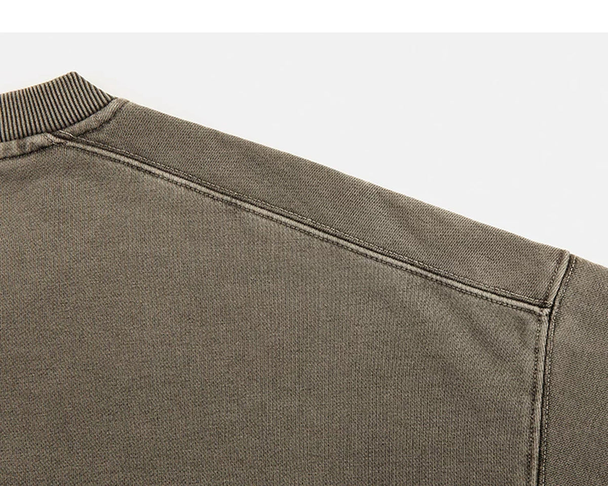 IDLT washed sweatshirt, olive shoulder seam.