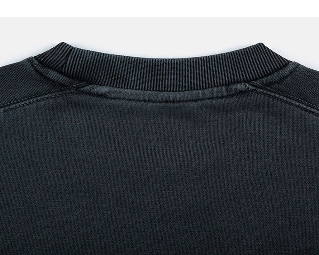 IDLT washed sweatshirt, dark gray back neckline.