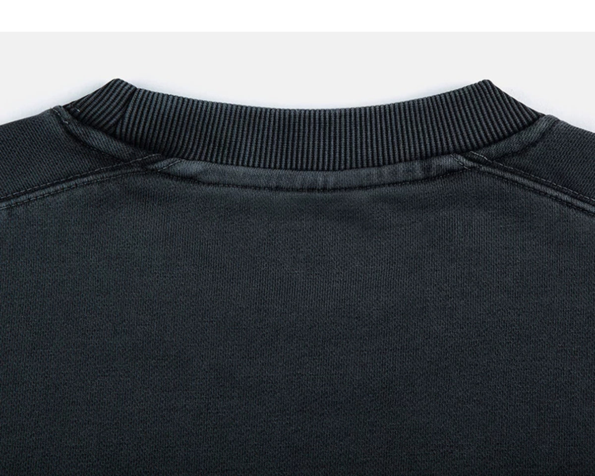 IDLT washed sweatshirt, dark gray back neckline.