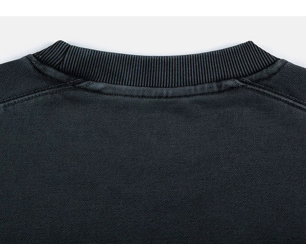 IDLT washed sweatshirt, dark gray back neckline.