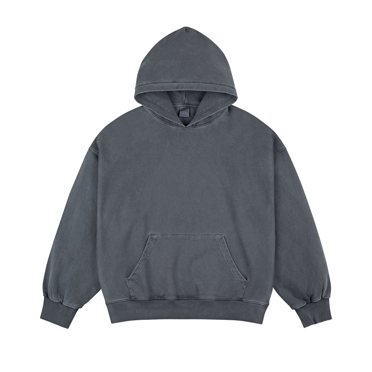 IDLT washed hoodie, gray front.