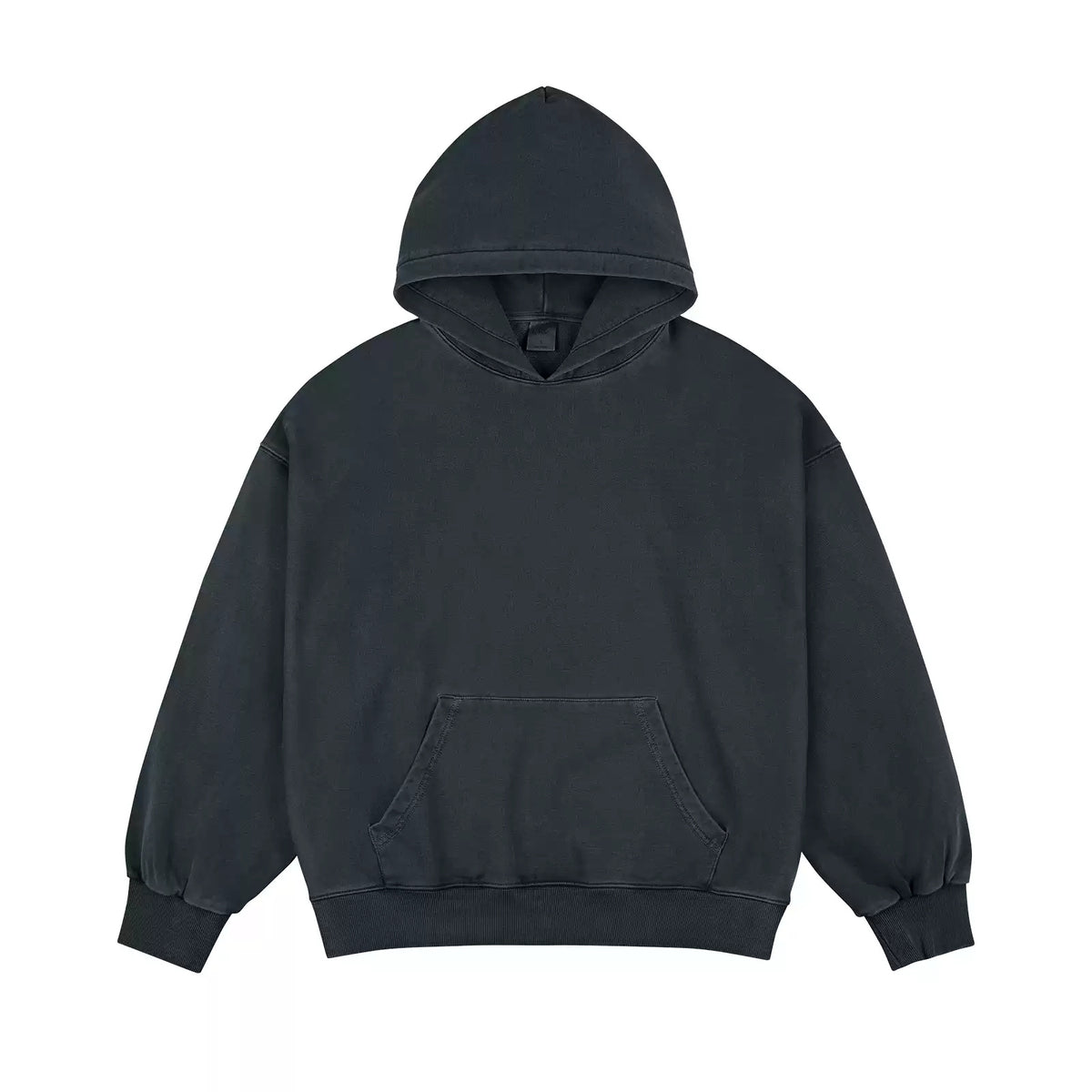 IDLT washed hoodie, dark gray front laid flat.