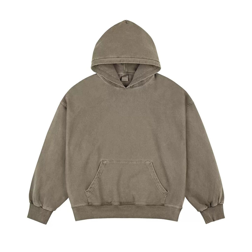 IDLT washed hoodie, olive front.