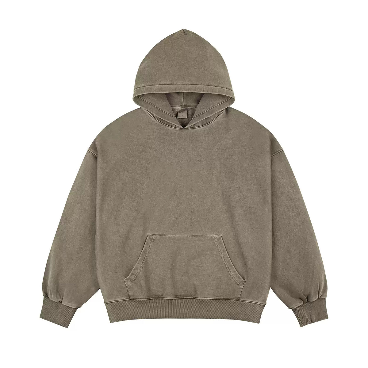 IDLT washed hoodie, olive front.