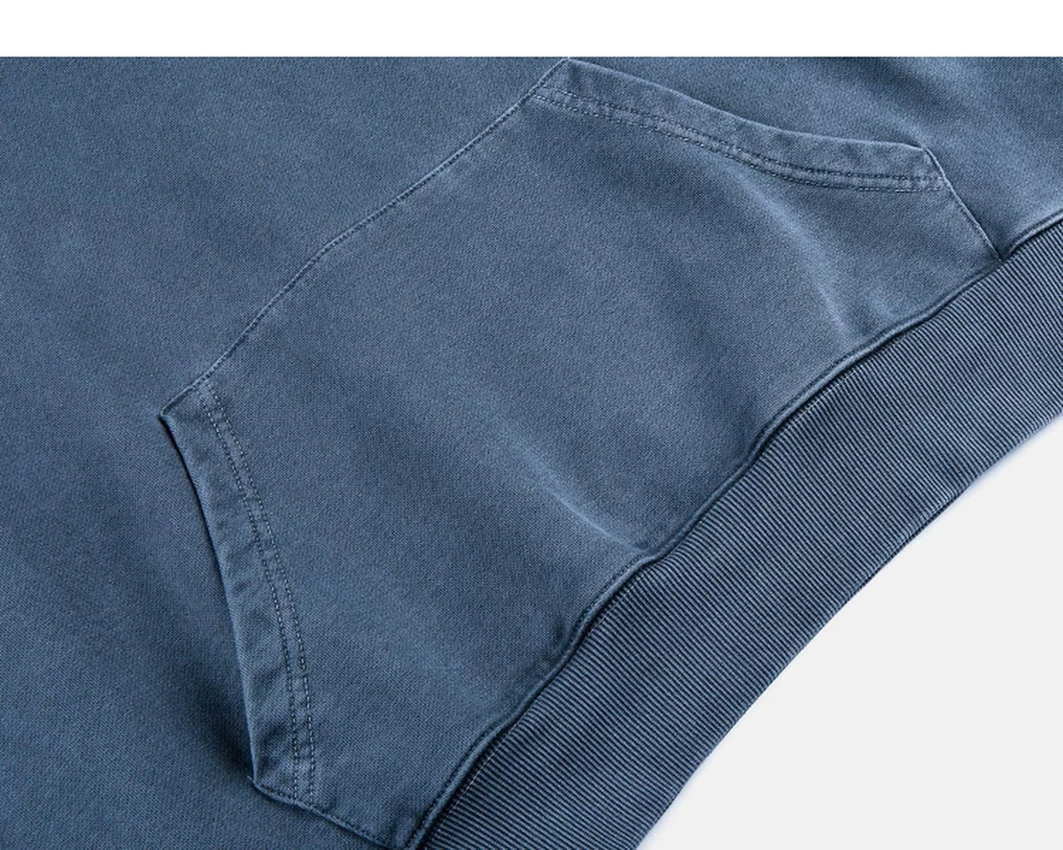 IDLT washed hoodie, blue kangaroo pocket.