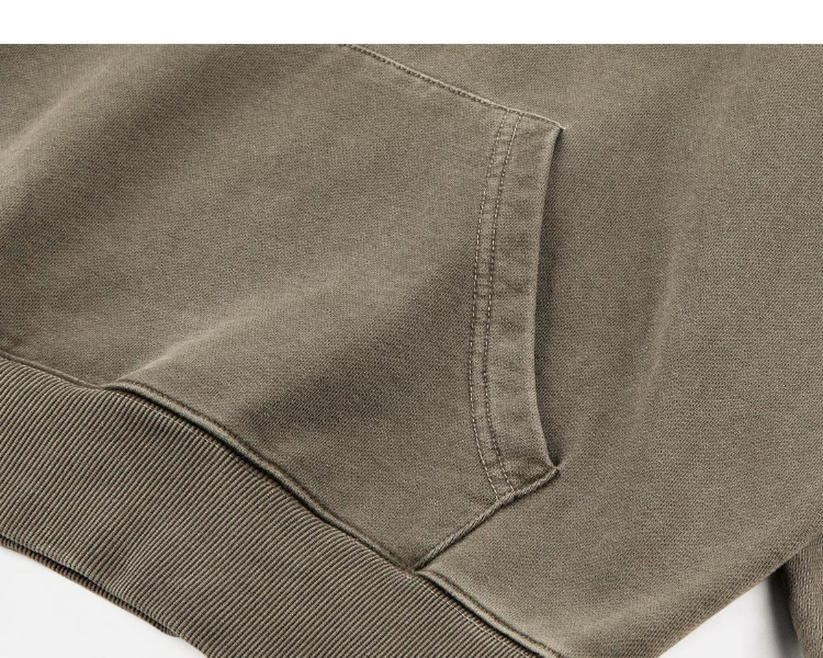 IDLT washed hoodie, olive kangaroo pocket.