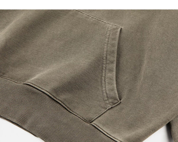 IDLT washed hoodie, olive kangaroo pocket.