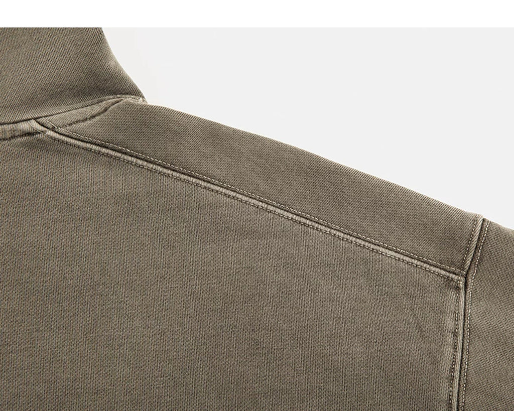 IDLT washed hoodie, olive shoulder seam.