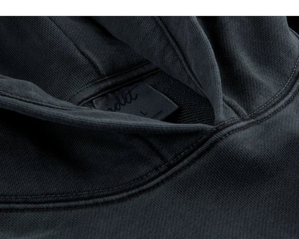 IDLT washed hoodie, dark gray neckline label.