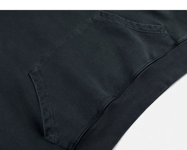 IDLT washed hoodie, dark gray kangaroo pocket.