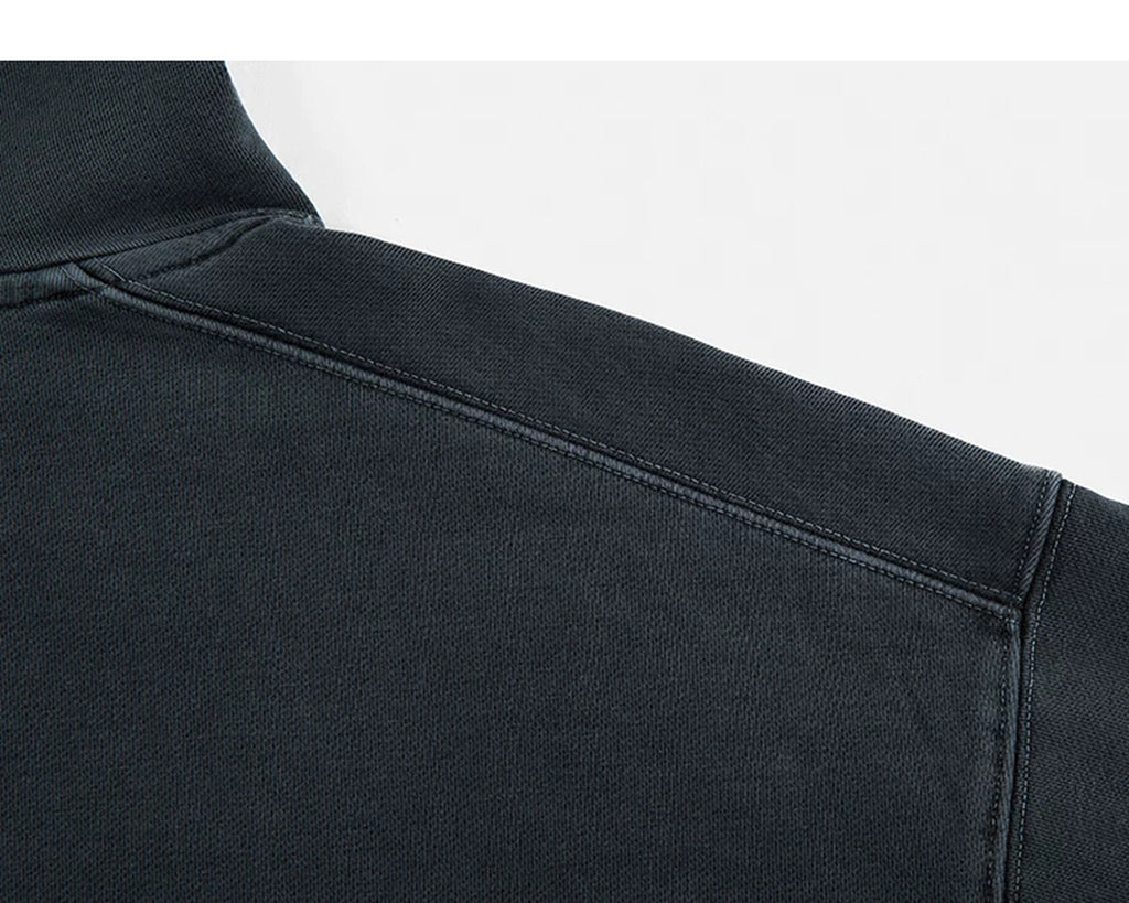 IDLT washed hoodie, dark gray shoulder seam.